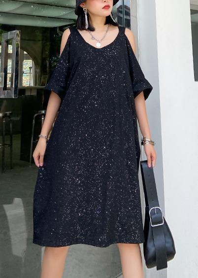 Women Starry sky black clothes off the shoulder tunic Dresses - SooLinen