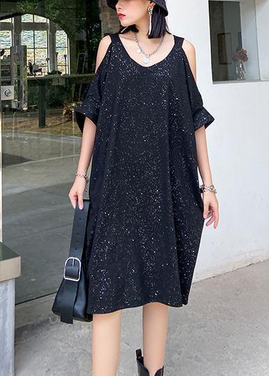Women Starry sky black clothes off the shoulder tunic Dresses - SooLinen