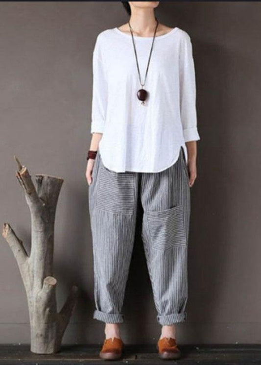 Women Stripe Elastic Waist Casual Loose Harem Pants - SooLinen