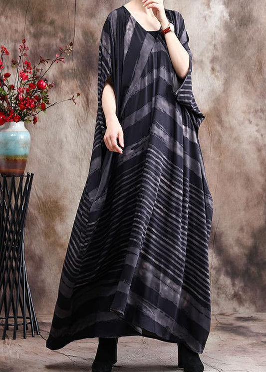 Luxy Stripe Silk Dress Patchwork Loose Outfits Caftan - SooLinen