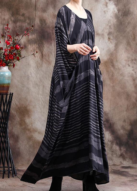 Luxy Stripe Silk Dress Patchwork Loose Outfits Caftan - SooLinen