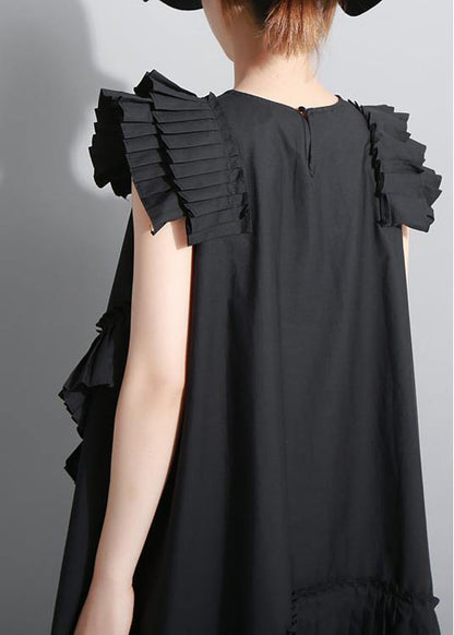 Women Summer Solid Black Sleeveless Pleated Ruffles Ladies Dress - SooLinen