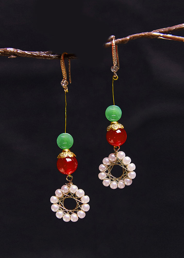 Pendientes largos de girasol, perla y coral para mujer