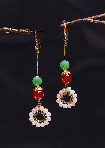 Pendientes largos de girasol, perla y coral para mujer