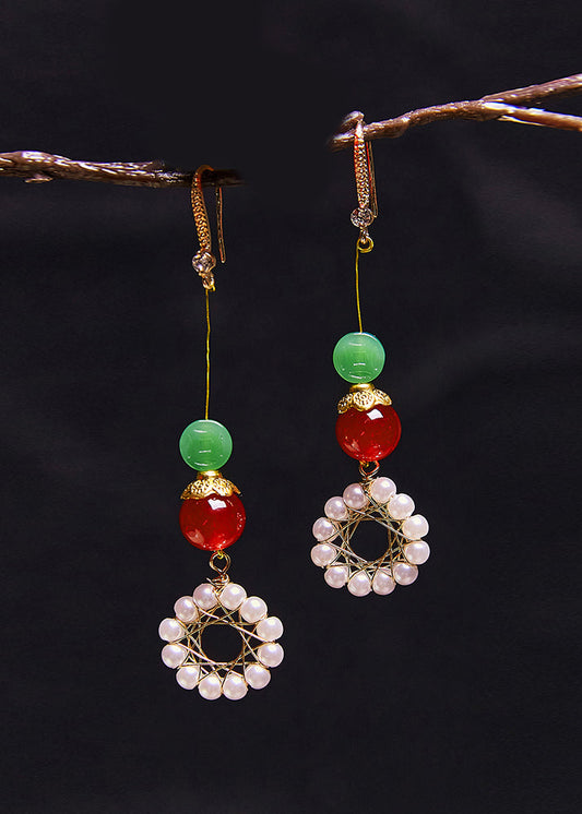 Pendientes largos de girasol, perla y coral para mujer