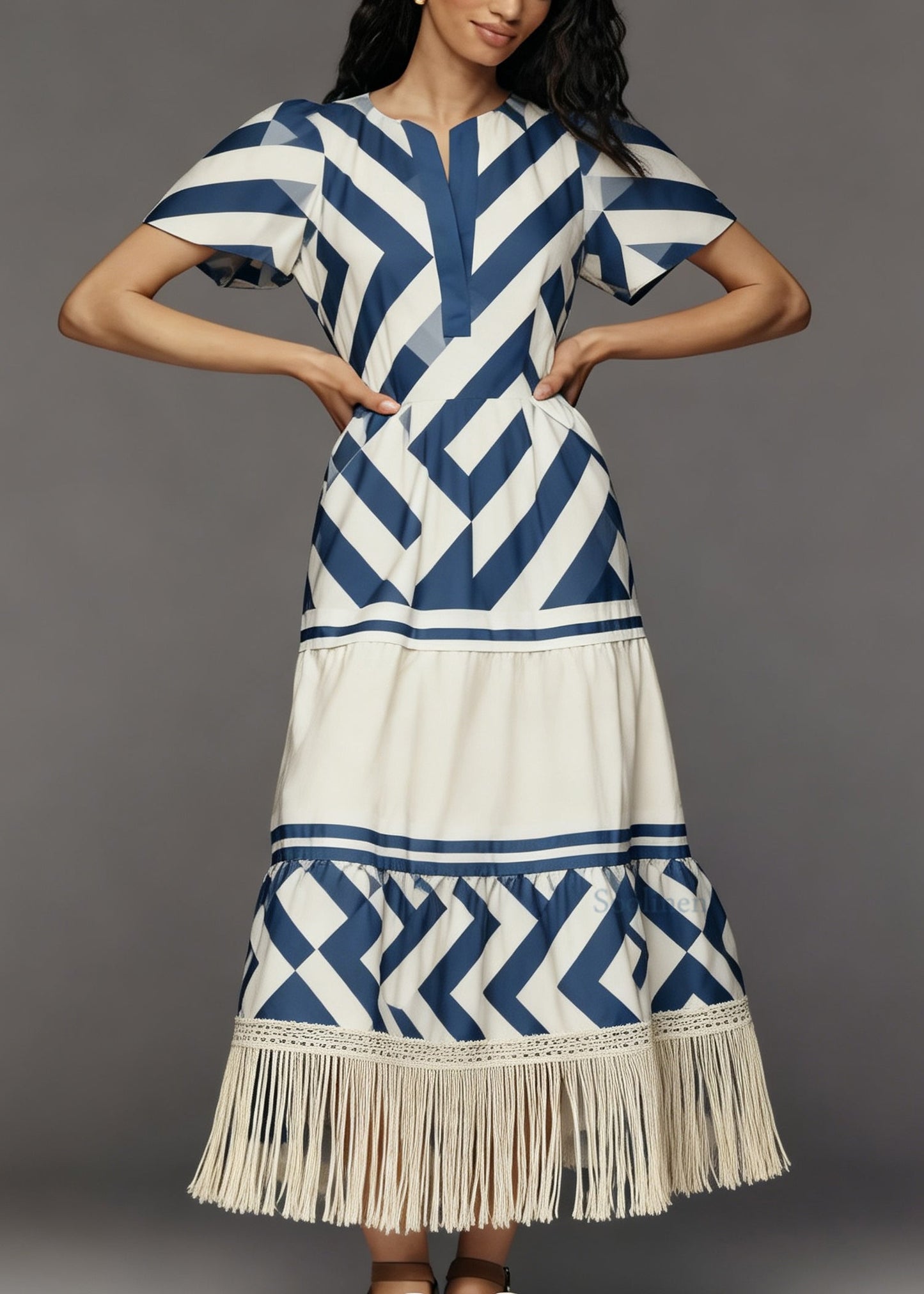 Women Tasseled Striped Patchwork Cotton Dresses Summer