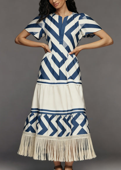Women Tasseled Striped Patchwork Cotton Dresses Summer