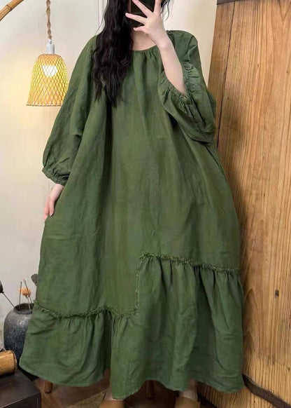 Women Tea Green Oversized Wrinkled Cotton Dress Fall