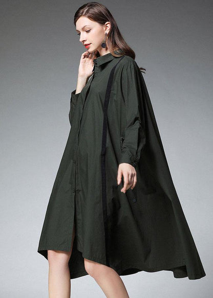 Women Tea Green PeterPan Collar Button Patchwork Fall Cotton Long Shirt - SooLinen