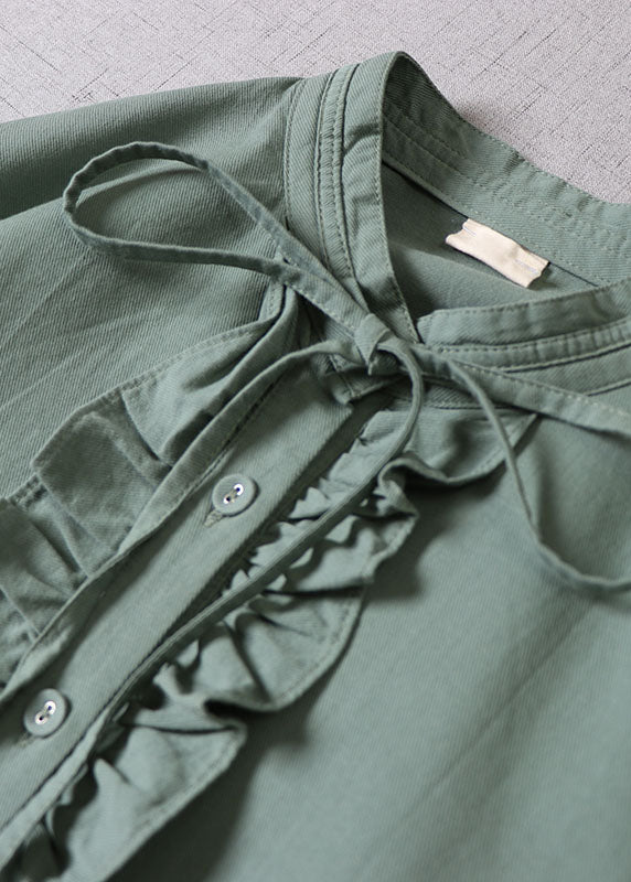 Damen Teegrünes Rüschenkleid mit Knopfleiste aus Baumwolle mit langen Ärmeln