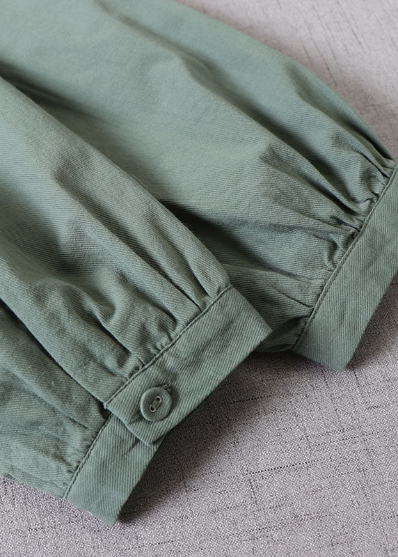 Damen Teegrünes Rüschenkleid mit Knopfleiste aus Baumwolle mit langen Ärmeln