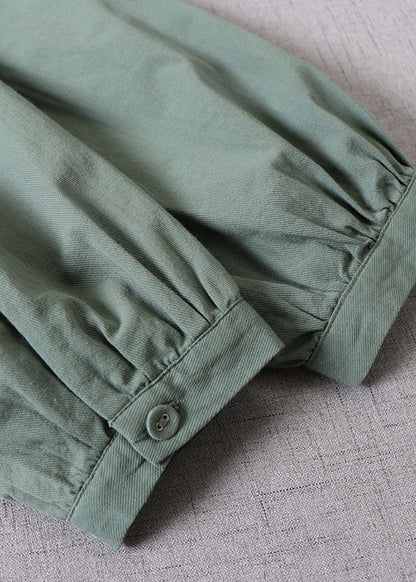 Damen Teegrünes Rüschenkleid mit Knopfleiste aus Baumwolle mit langen Ärmeln