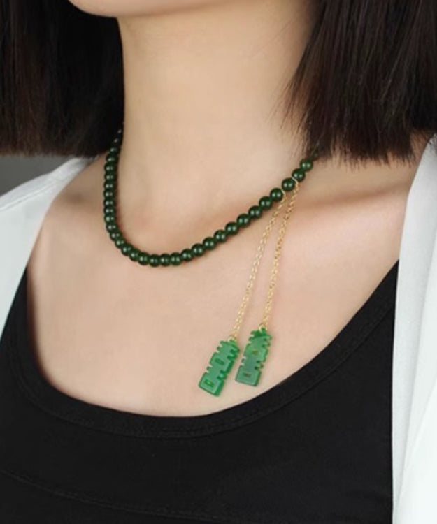 Collar con colgante de borla "Doble Felicidad" de plata de ley verde té con cuentas de jade dorado para mujer