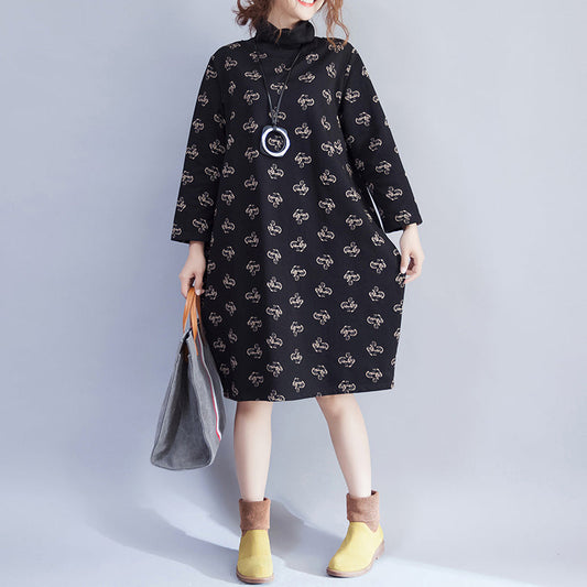 Damen Rollkragen Samtkleid Lady Casual Print Kleider