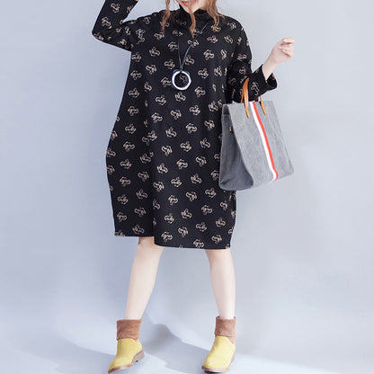 Damen Rollkragen Samtkleid Lady Casual Print Kleider