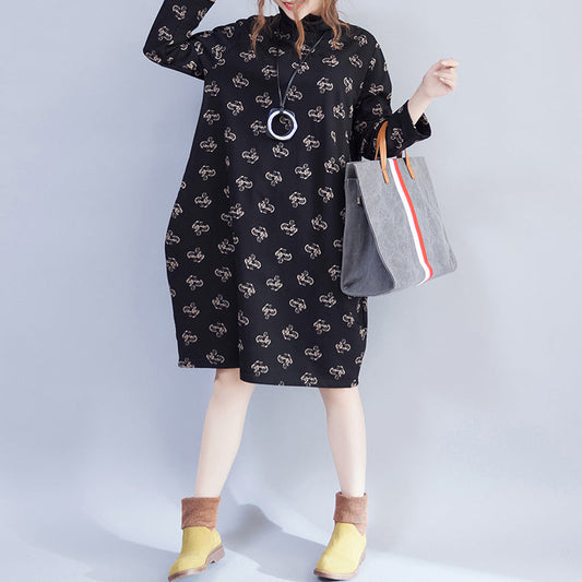 Damen Rollkragen Samtkleid Lady Casual Print Kleider