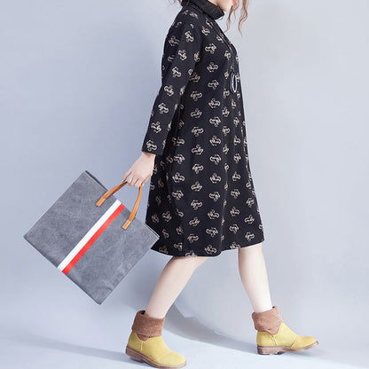 Damen Rollkragen Samtkleid Lady Casual Print Kleider