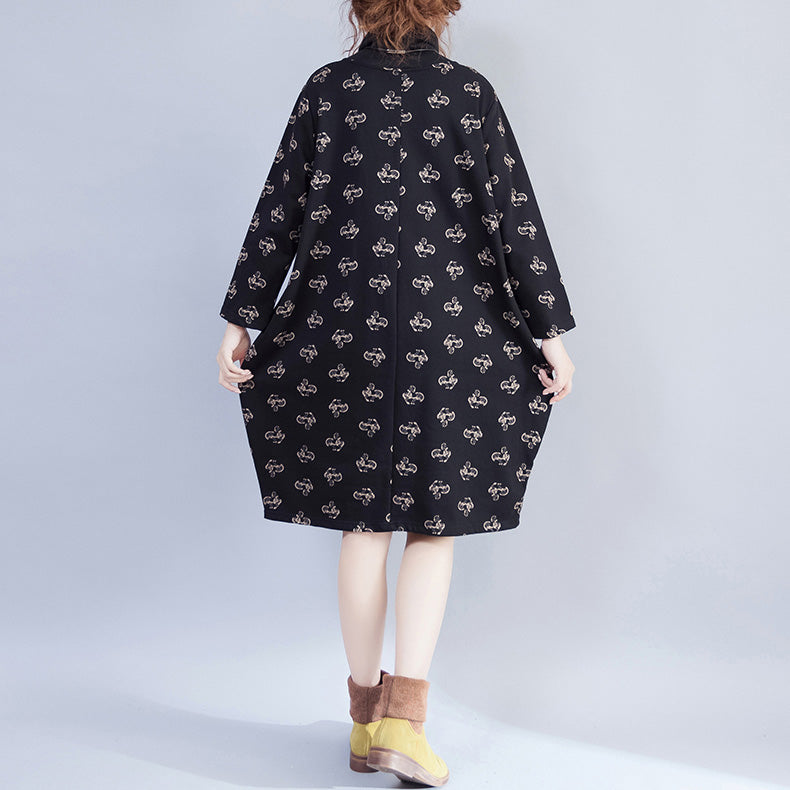 Damen Rollkragen Samtkleid Lady Casual Print Kleider