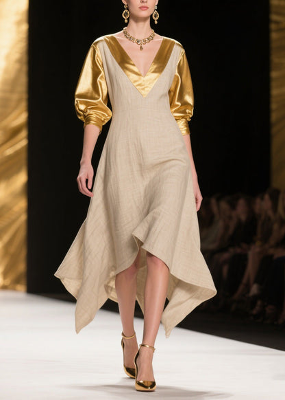 Women V Neck Asymmetrical Design Patchwork Linen Silk Dress Summer