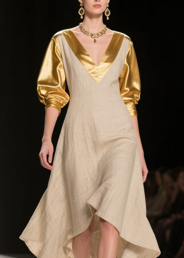 Women V Neck Asymmetrical Design Patchwork Linen Silk Dress Summer