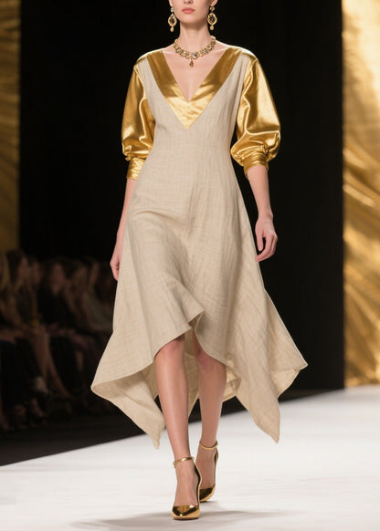 Women V Neck Asymmetrical Design Patchwork Linen Silk Dress Summer