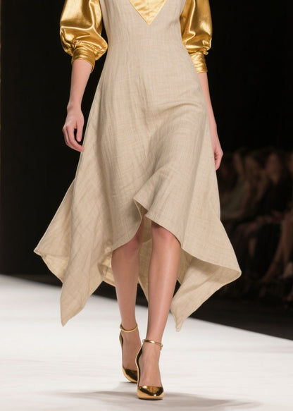 Women V Neck Asymmetrical Design Patchwork Linen Silk Dress Summer