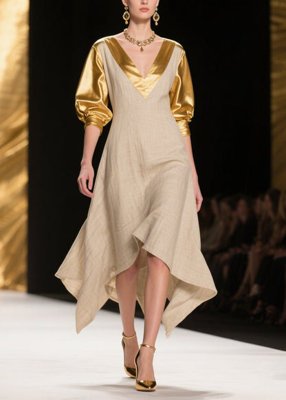 Women V Neck Asymmetrical Design Patchwork Linen Silk Dress Summer