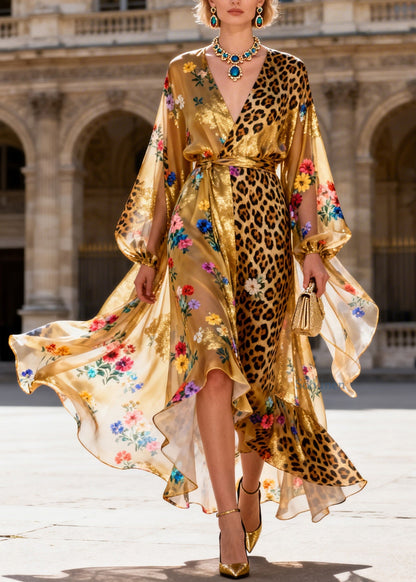 Women V Neck Asymmetrical Design Patchwork Silk Ankle Dress Dresses Summer