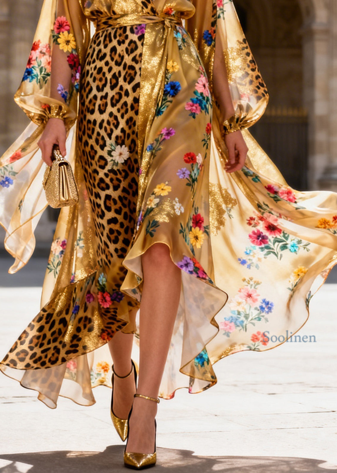 Women V Neck Asymmetrical Design Patchwork Silk Ankle Dress Dresses Summer
