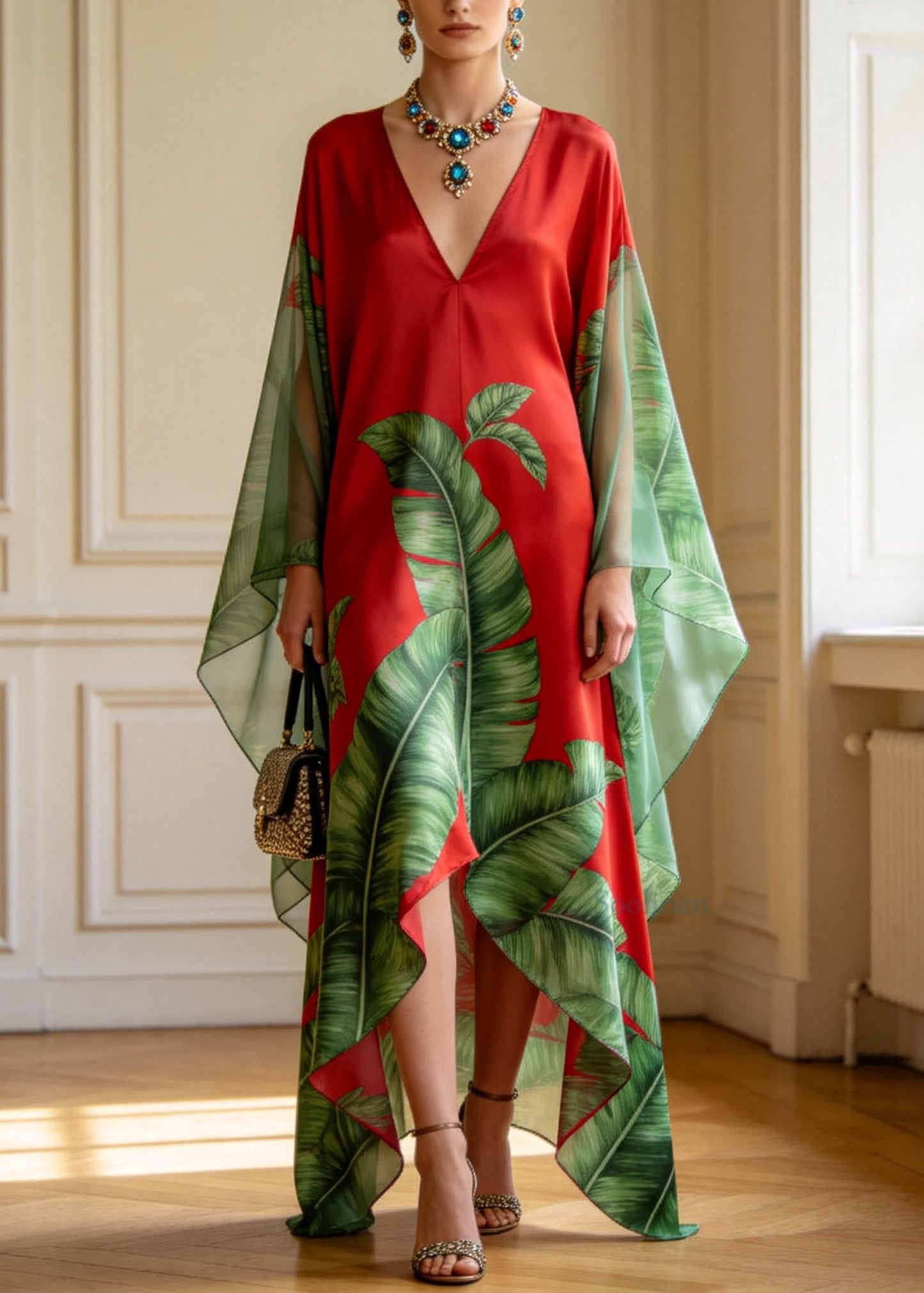 Women V Neck Asymmetrical Design Print Chiffon Long Dress Summer