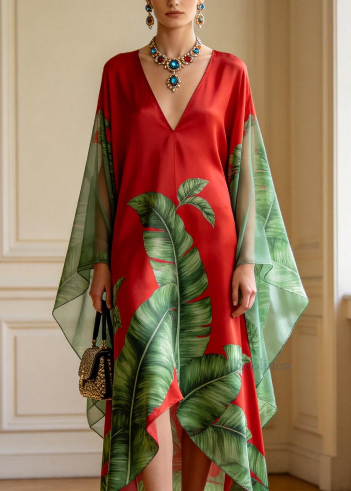 Women V Neck Asymmetrical Design Print Chiffon Long Dress Summer
