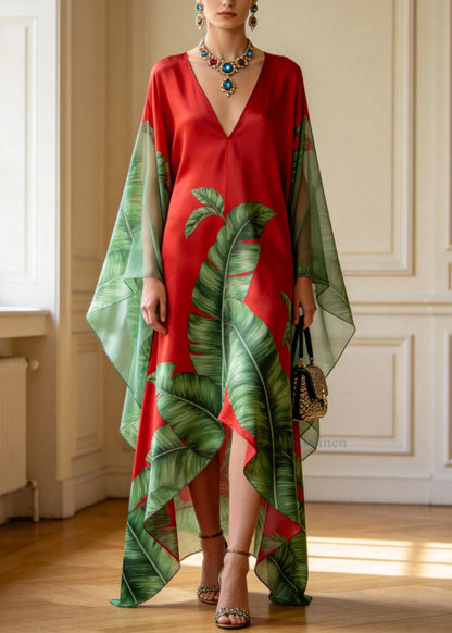 Women V Neck Asymmetrical Design Print Chiffon Long Dress Summer