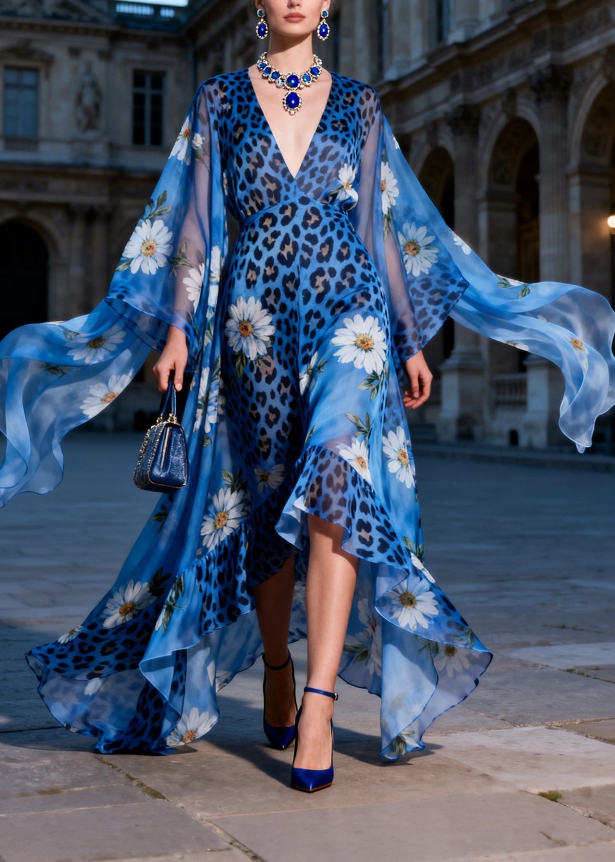 Women V Neck Asymmetrical Design Print Patchwork Chiffon Dresses Summer