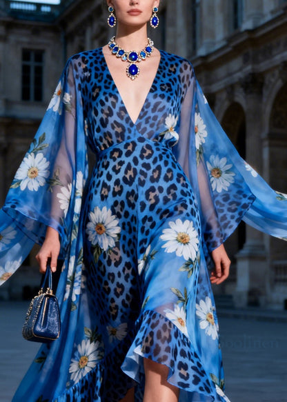 Women V Neck Asymmetrical Design Print Patchwork Chiffon Dresses Summer
