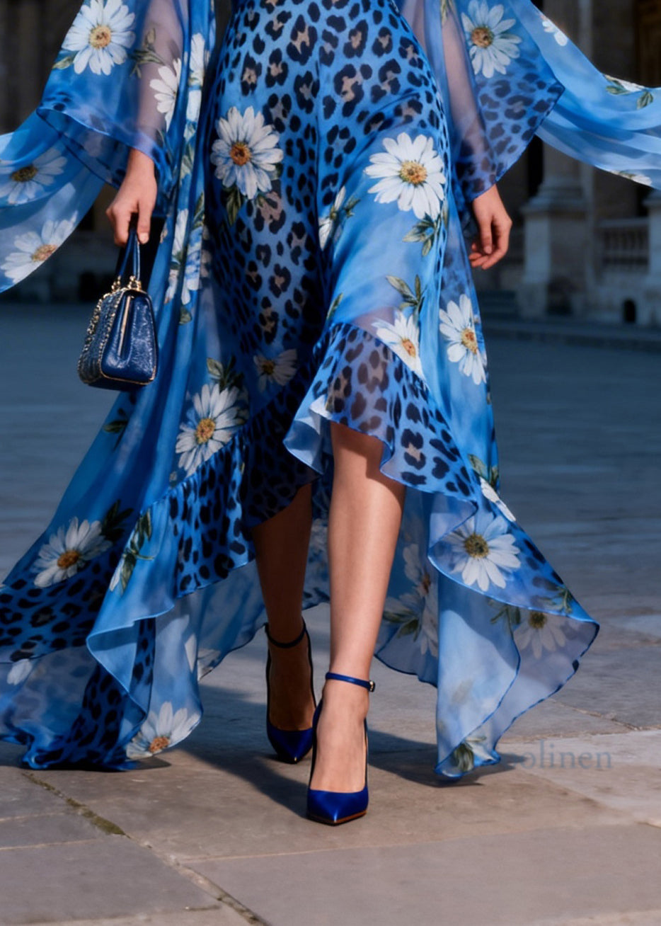 Women V Neck Asymmetrical Design Print Patchwork Chiffon Dresses Summer