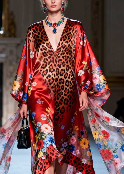 Women V Neck Asymmetrical Design Print Silk Dresses Long Sleeve