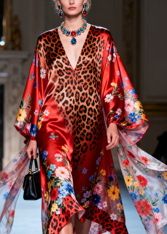 Women V Neck Asymmetrical Design Print Silk Dresses Long Sleeve