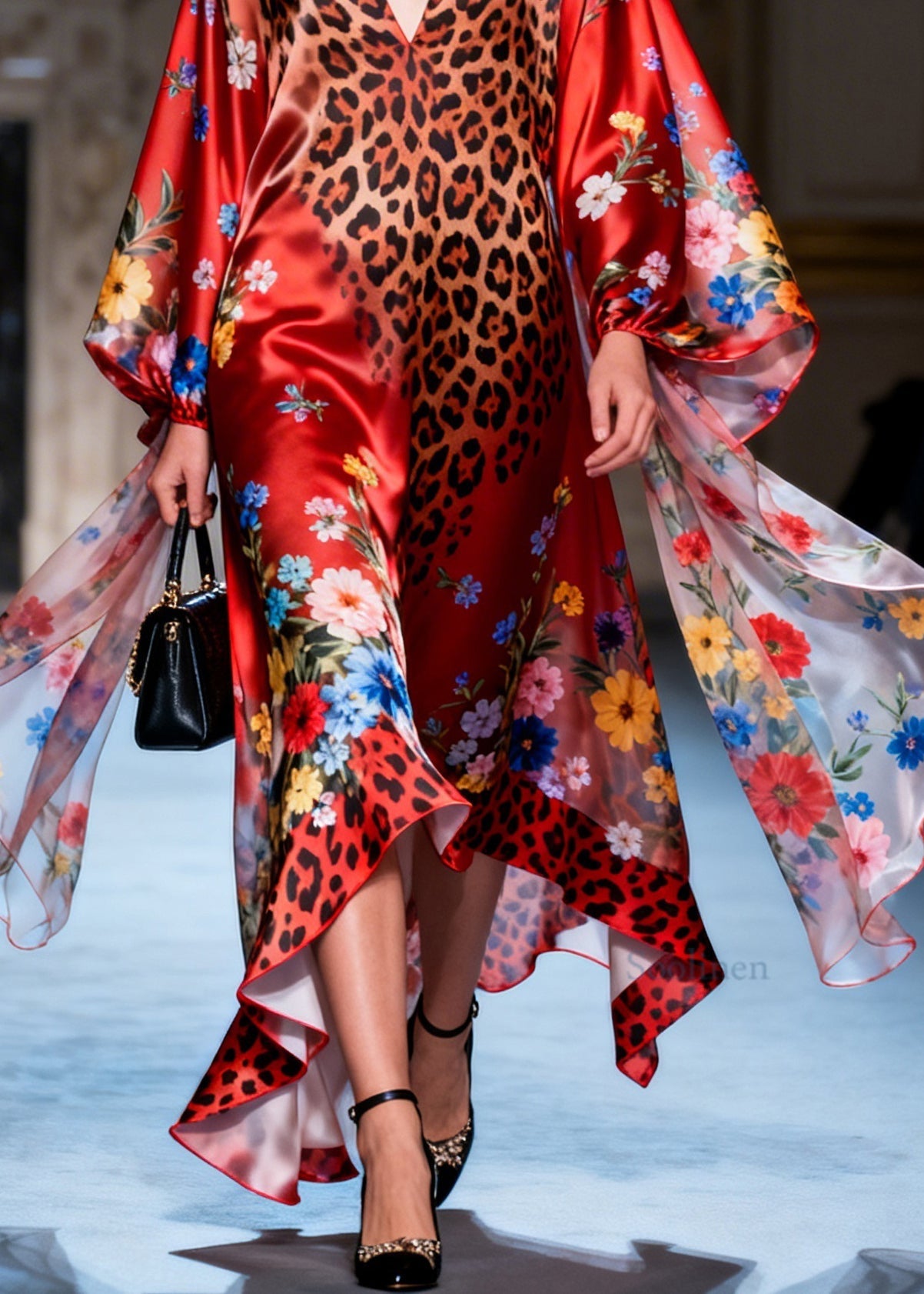 Women V Neck Asymmetrical Design Print Silk Dresses Long Sleeve