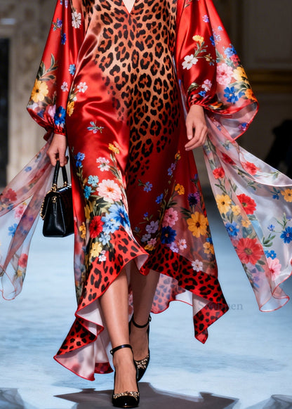 Women V Neck Asymmetrical Design Print Silk Dresses Long Sleeve