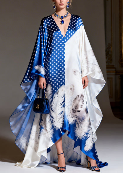 Women V Neck Asymmetrical Print Patchwork Silk Dress Summer