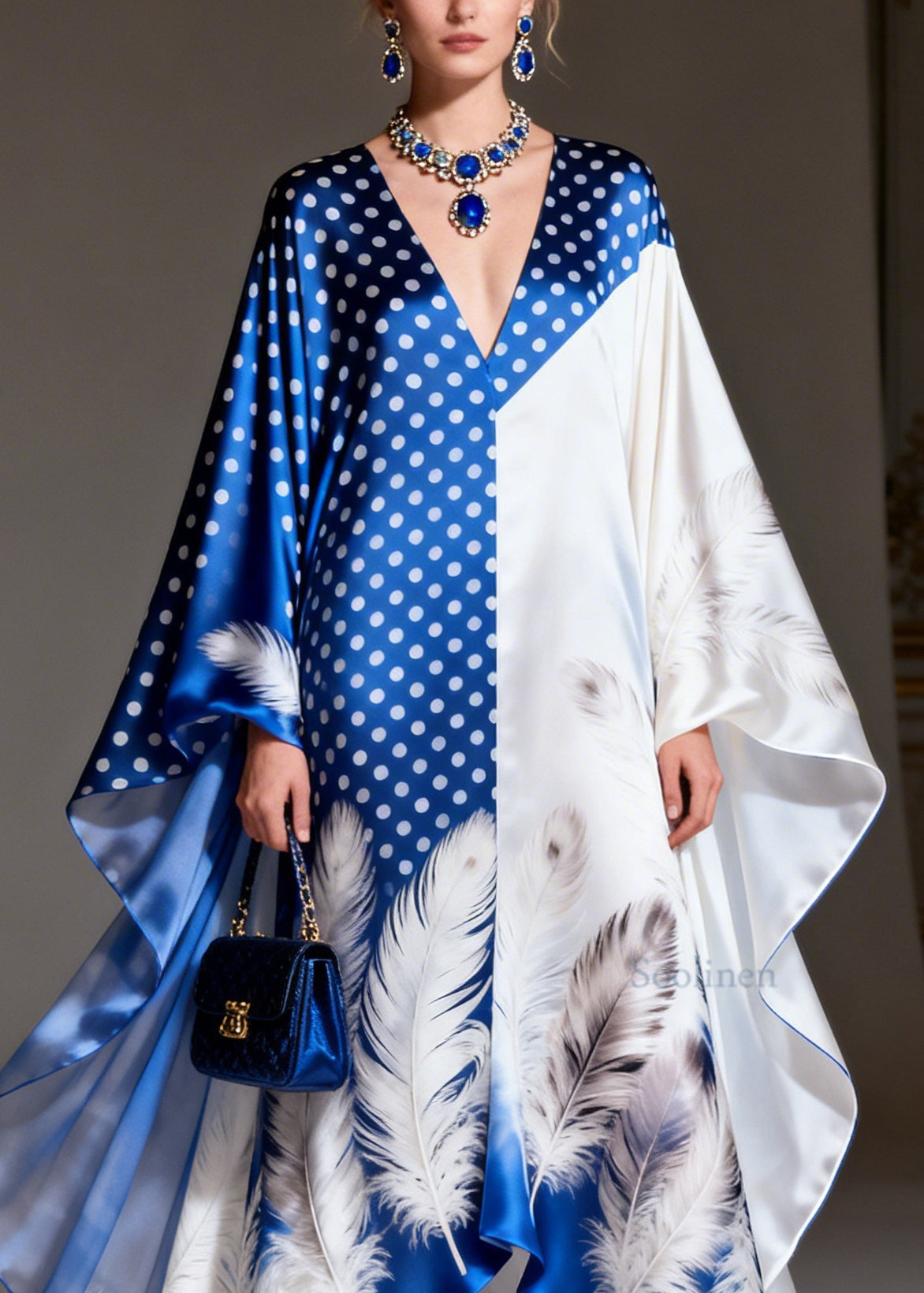 Women V Neck Asymmetrical Print Patchwork Silk Dress Summer