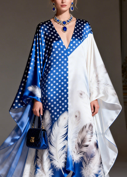 Women V Neck Asymmetrical Print Patchwork Silk Dress Summer