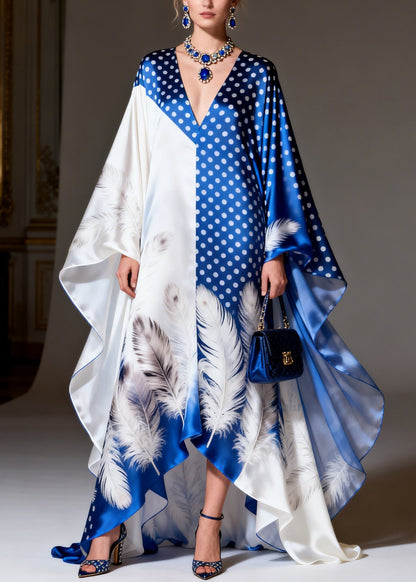 Women V Neck Asymmetrical Print Patchwork Silk Dress Summer