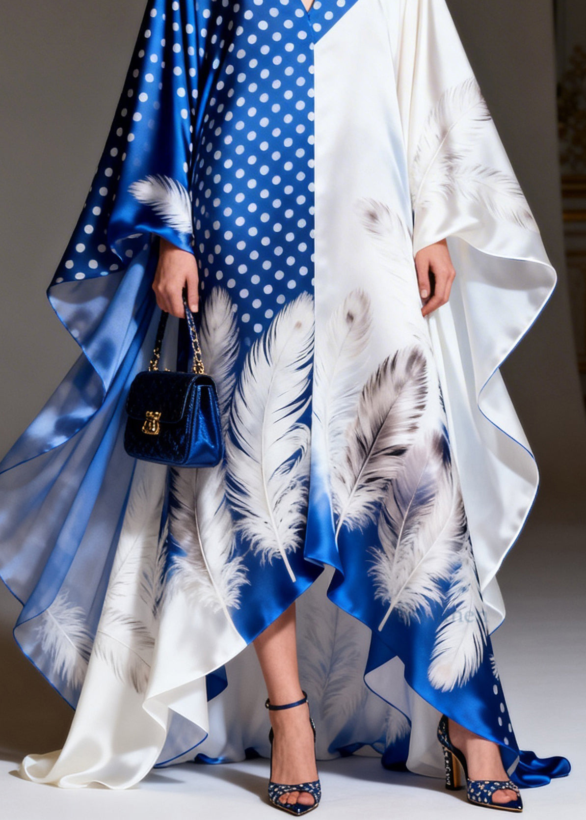 Women V Neck Asymmetrical Print Patchwork Silk Dress Summer