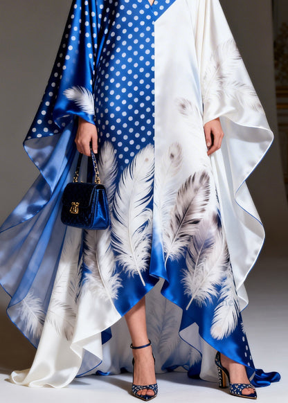 Women V Neck Asymmetrical Print Patchwork Silk Dress Summer