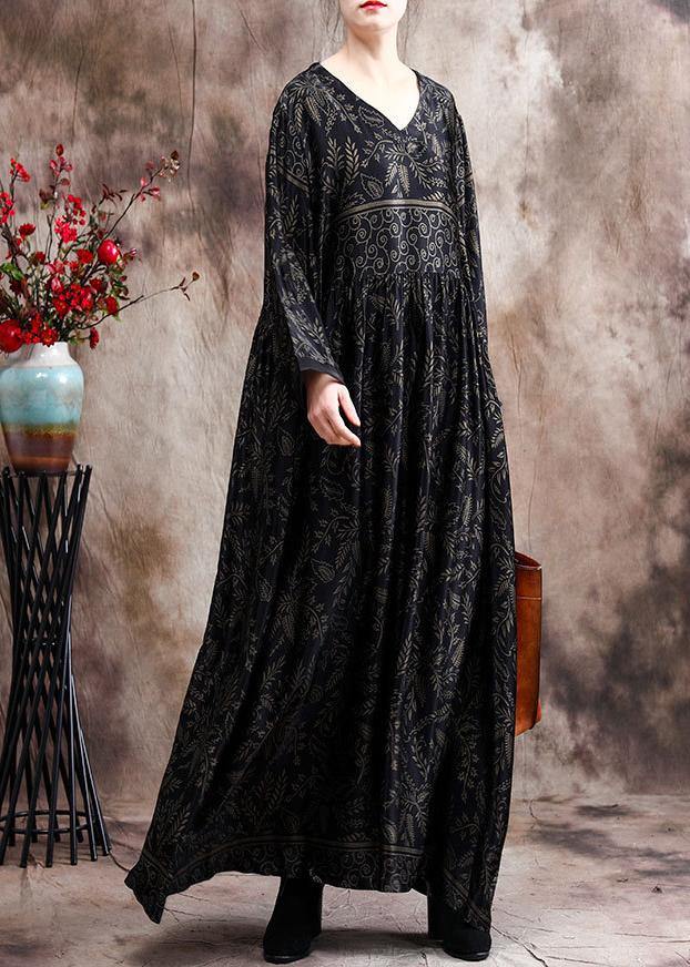 Luxy V Neck Black Print Silk Satin Dresses - SooLinen