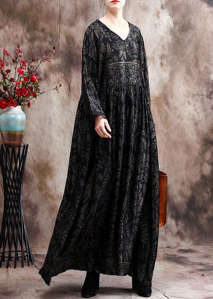 Luxy V Neck Black Print Silk Satin Dresses - SooLinen