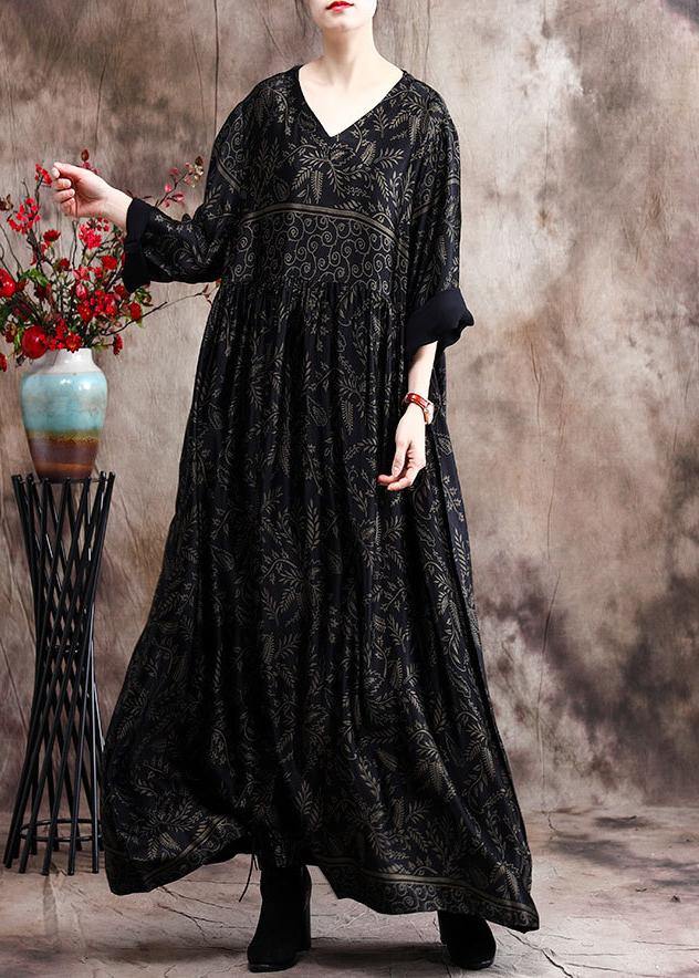 Luxy V Neck Black Print Silk Satin Dresses - SooLinen
