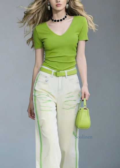 Women V Neck Cotton T Shirt And Jeans Two Pieces Set Summer