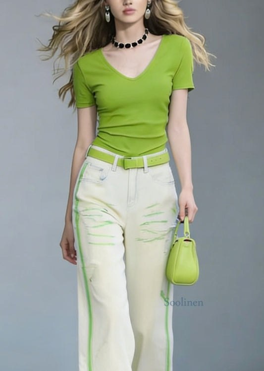 Women V Neck Cotton T Shirt And Jeans Two Pieces Set Summer
